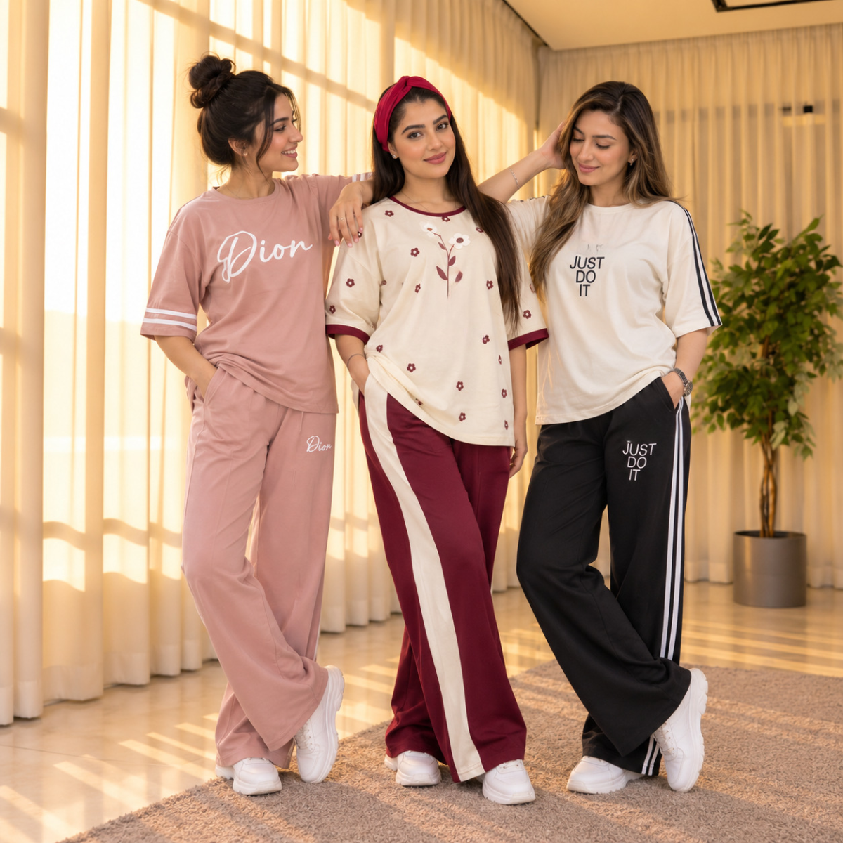 3 Women's Casual T-Shirt with Trouser Set | T-11